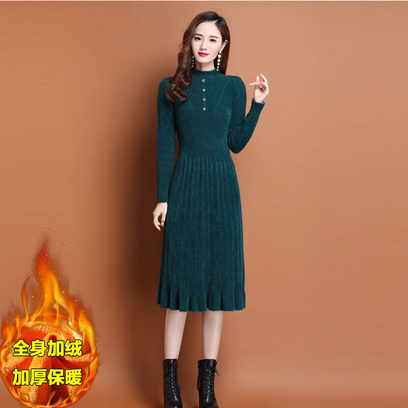 Ferret Velvet Knit Ocean Dress 2022 Autumn Winter New Women's Dress Plus Suede Thickening Medium Long Version Swarm With Kneecap Sweater Dress