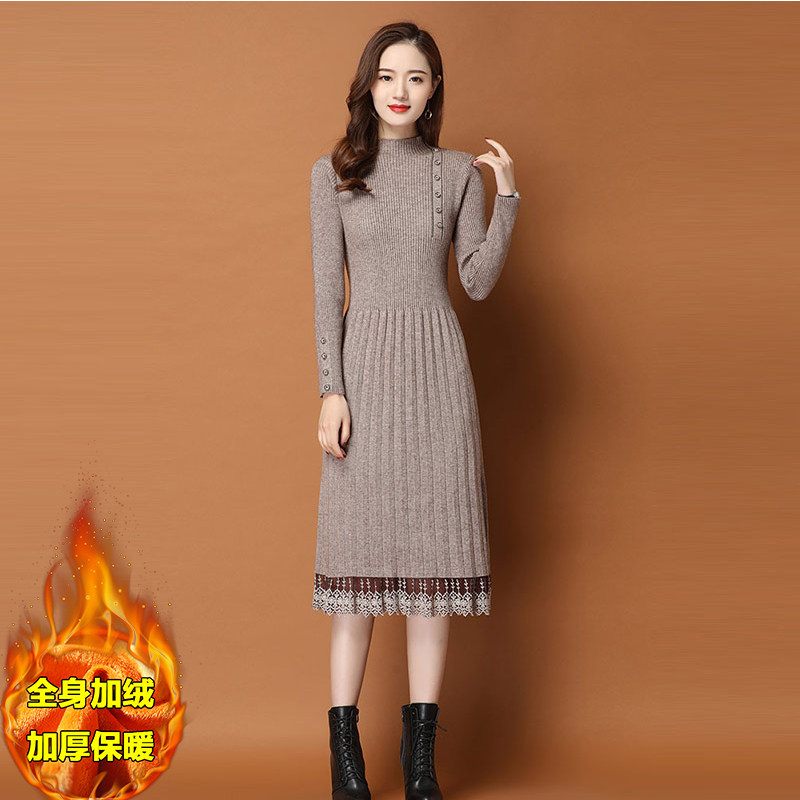 2022 new women's slim fit long lace sweater skirt autumn and winter long sleeve knit winter dress