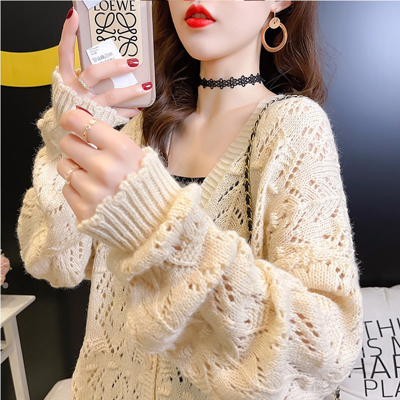 Short coat knit cardio-hoodie 2022 spring autumn new year pop II August jacket hollowed-out pattern short long sleeves