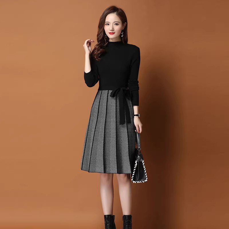 Knitted one-piece dress lady spring and autumn temperament 2023 new medium long with kneecap bottom-shirt with thickened sweater skirt-Taobao