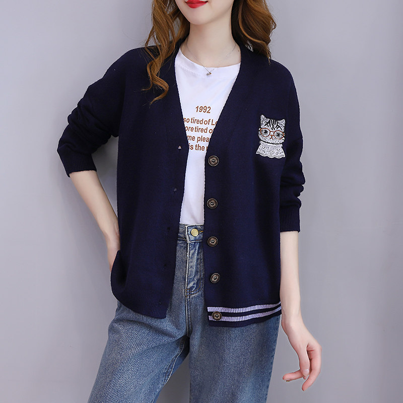 2022 autumn new knitted cardigan women's navy blue thickened coat women's large size loose casual sweater