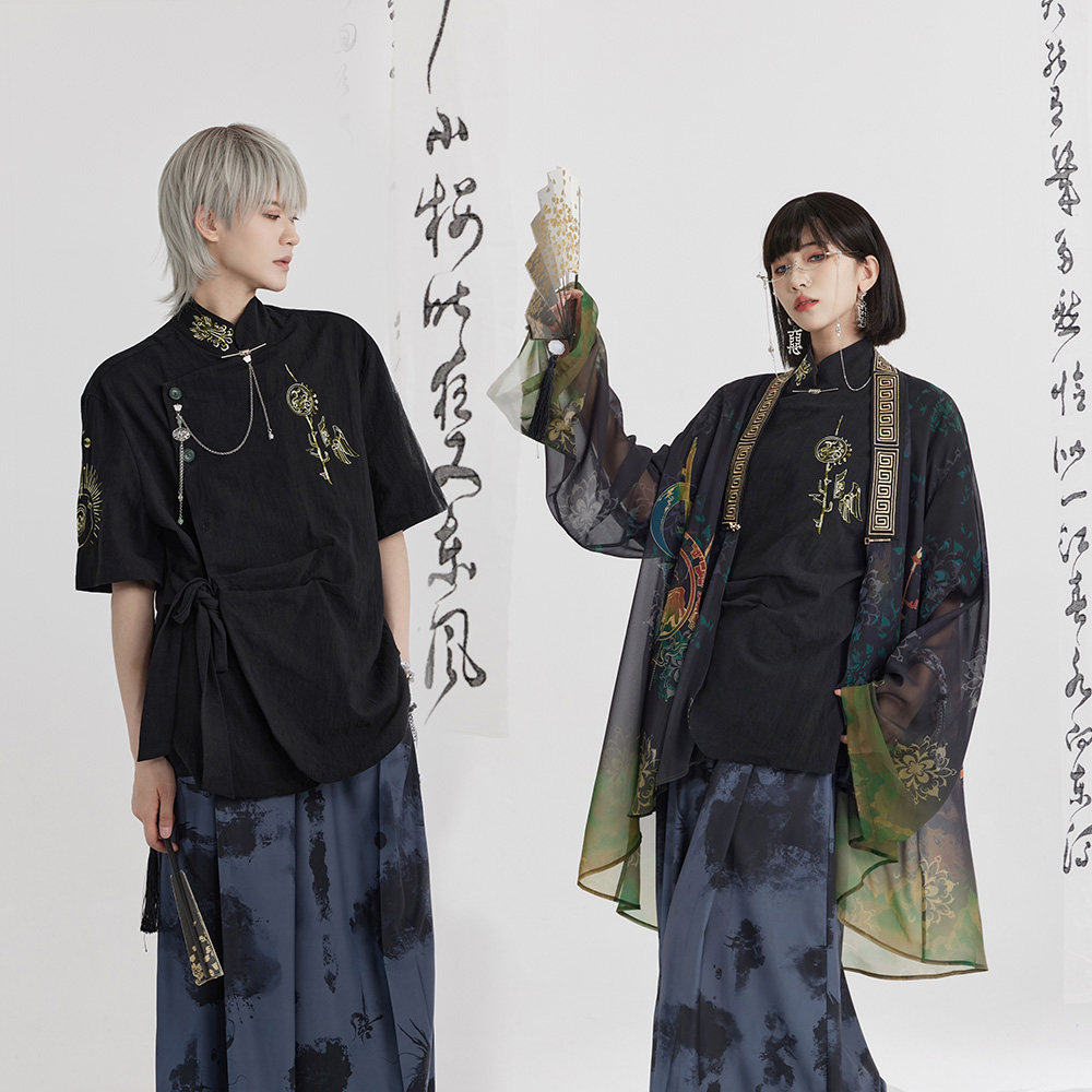 七月夕原创山月系列长白晴空:新中式绣花立领对襟短衫,国风衬衫的时尚新定义!-汉服上装-淘宝百科网