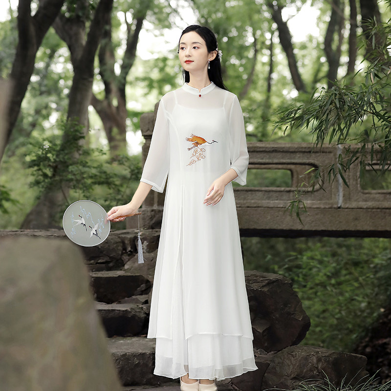 Temperament Qipao Improved Version of Tang Loaded Tea Suit Woman China Wind Grid Yarn Snowspun Skirt White Fairy Crane Fairy air dress