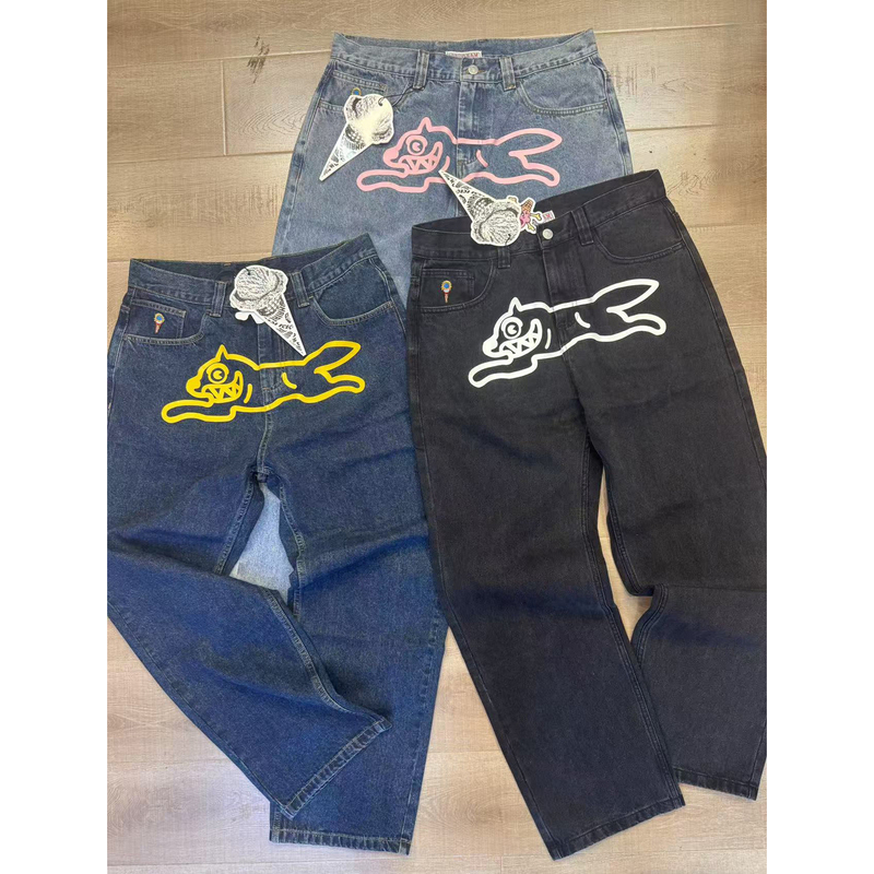 Bbc Ice Cream 25 New Style Flying Dog American Hip-Hop Street Loose Wide-Leg Washed Denim Pants for Men and Women