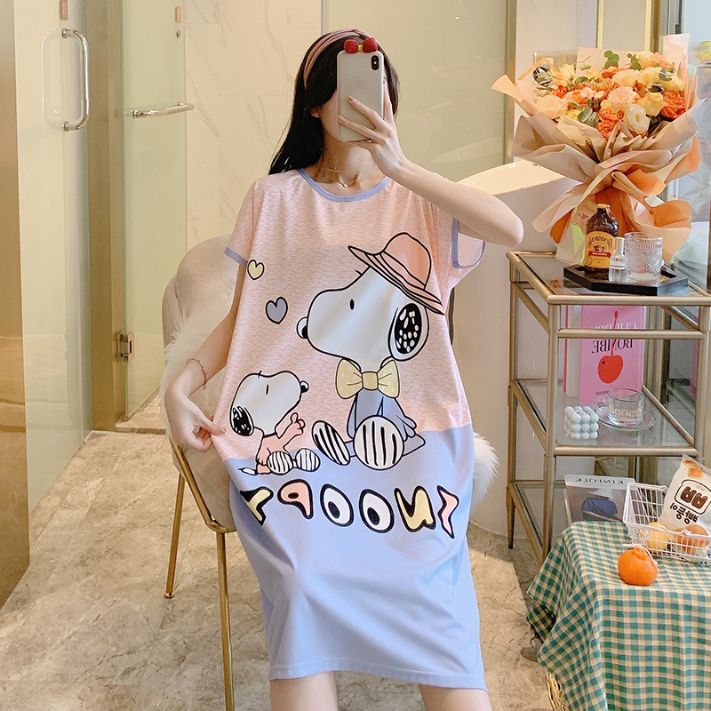 Plus-Size Loose-Fitting Sleepwear for Women, Cute Cartoon T-Shirt Dress for Pregnant Women, Suitable for Wearing Outside, Summer