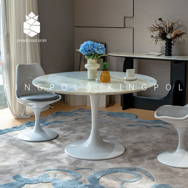Golden Pineapple Luxury Stone Dining Table, French Cream Style, High-End Tulip Maldives Blue Natural Marble Round Table Golden Pineapple Luxury Stone Dining Table, French Cream Style, High-End Tulip Maldives Blue Natural Marble Round Table