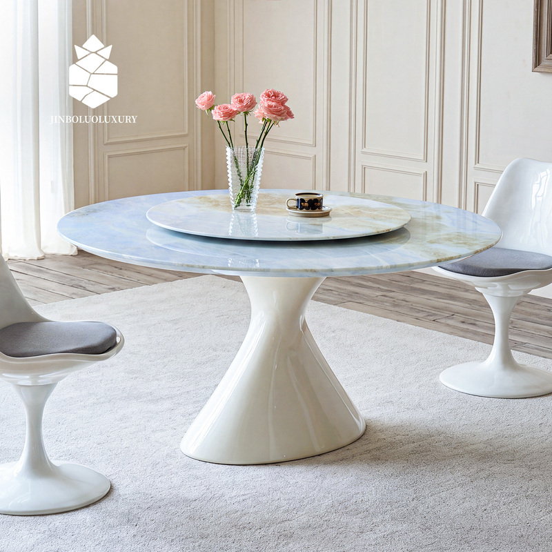 Golden Pineapple Luxury Stone Maldives Blue High-End Luxury Stone Dining Table Home French Cream Natural Marble Round Table Golden Pineapple Luxury Stone Maldives Blue High-End Luxury Stone Dining Table Home French Cream Natural Marble Round Table