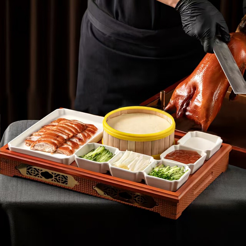Chinese-Style Rectangular Beijing Roast Duck Combination Creative Set Pure White Ceramic Duck Plate with Divided Dipping Sauce Dishes Hotel Tableware