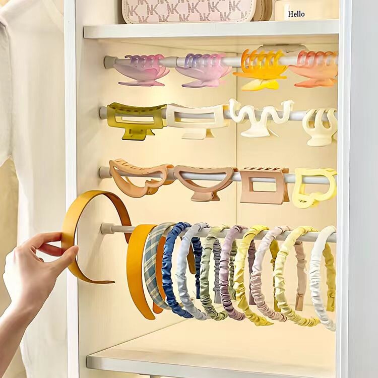 Hair Clip and Headband Storage Organizer, Mirror Cabinet, Shark Clip, Children's Headband, No-Drill Wall-Mounted Telescopic Rod Storage Rack