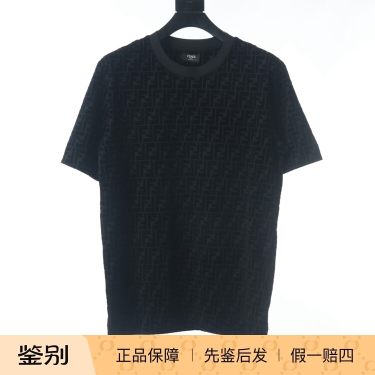 In-Stock Fendi 25 Autumn/Winter Men's Black Terry Cloth Double F Pure Cotton Crew Neck Short-Sleeve T-Shirt Faf755