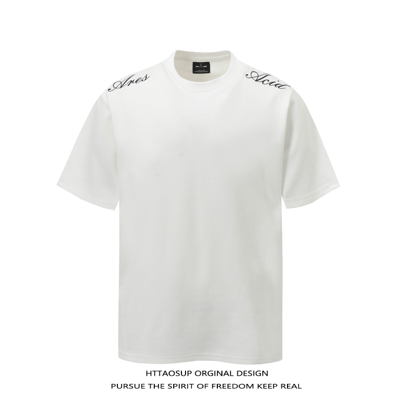Httaosup Short-Sleeved T-Shirt Summer New Style Pure Cotton White Embroidered American Style Men's Pure Color Loose Couple Top