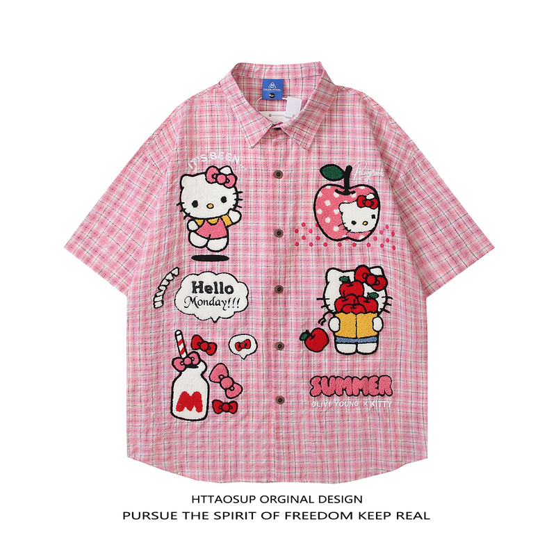 Httaosup Original Cute Cartoon Kt Cat Embroidered Plaid Short-Sleeved Shirt for Women Summer Loose Preppy Style Shirt Httaosup Original Cute Cartoon Kt Cat Embroidered Plaid Short-Sleeved Shirt for Women Summer Loose Preppy Style Shirt