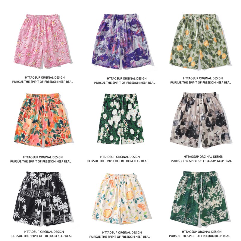 Httaosup Retro Green Oil Painting Floral Artistic Shorts Unisex Casual Versatile Beach Shorts Wide-Leg Knee-Length Shorts
