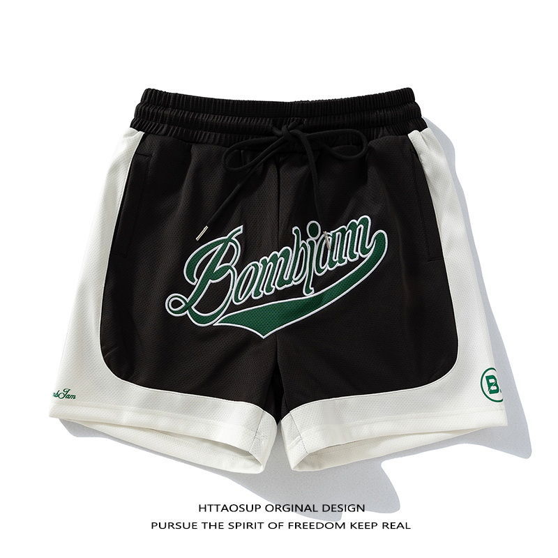 Httaosup American-Style Patch Letter Embroidery Color-Blocked Basketball Shorts Men's Trendy Brand Summer Loose Sports Shorts
