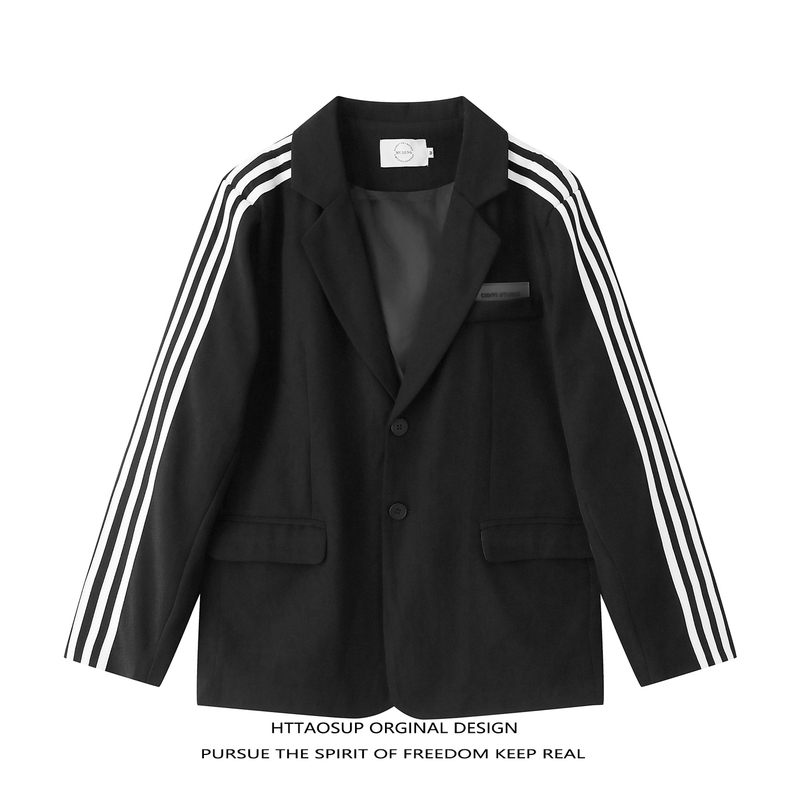 Httaosup American Retro British Style Three-Stripe Blazer for Men, Loose Fit, Two-Button Casual Suit
