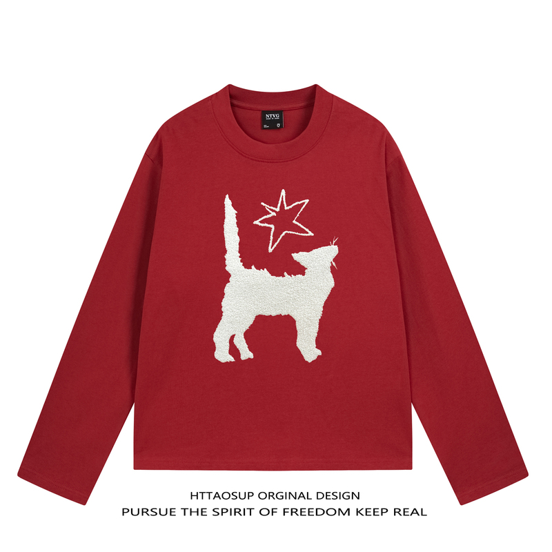 Httaosup American Cartoon Style Cat Towel Embroidery Long-Sleeved T-Shirt for Men and Women, Loose Trendy Casual Top for Couples Httaosup American Cartoon Style Cat Towel Embroidery Long-Sleeved T-Shirt for Men and Women, Loose Trendy Casual Top for Couples