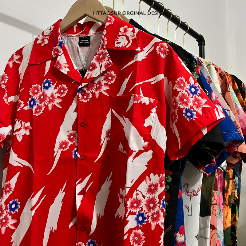Httaosup Bkpp Ouer Same Style Red Hibiscus Flower Shirt for Men and Women Thailand Aloha Hawaiian Short-Sleeved Shirt