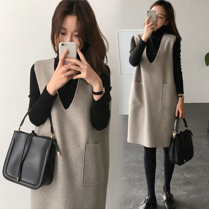 Maternity autumn suits new trendy mothers go out mid-length version of cotton V-neck fashion wide ocean two-piece dress