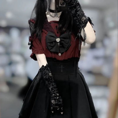 Cross-prayer Dark Girl Mass production embroidered short-sleeved sailor collar shirt slimming and waist-cinching skirt set