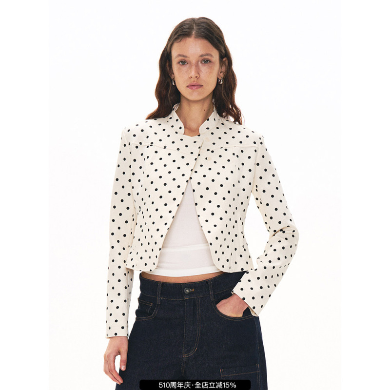 Alkaidy's Retro Chic Polka Dot Stand Collar Casual Slim-Fit Waist-Cinching Short Thin Jacket