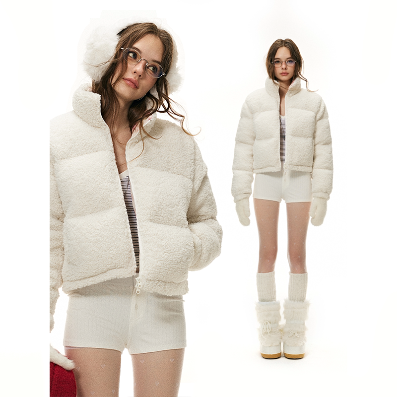 Alkaid Shiny Lamb Wool Color-Blocked Kendall Jenner Style Thick Ultra-Light Warm Short Puffer Jacket down Jacket 90% Duck down