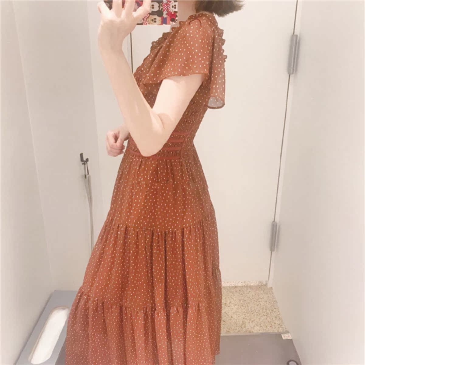 Mẫu chính hãng YD hợp tác Nhật Bản mùa hè ngọt ngào điểm eo eo một đường cổ áo đầm SWFO193308 - Sản phẩm HOT đầm dành cho người mập