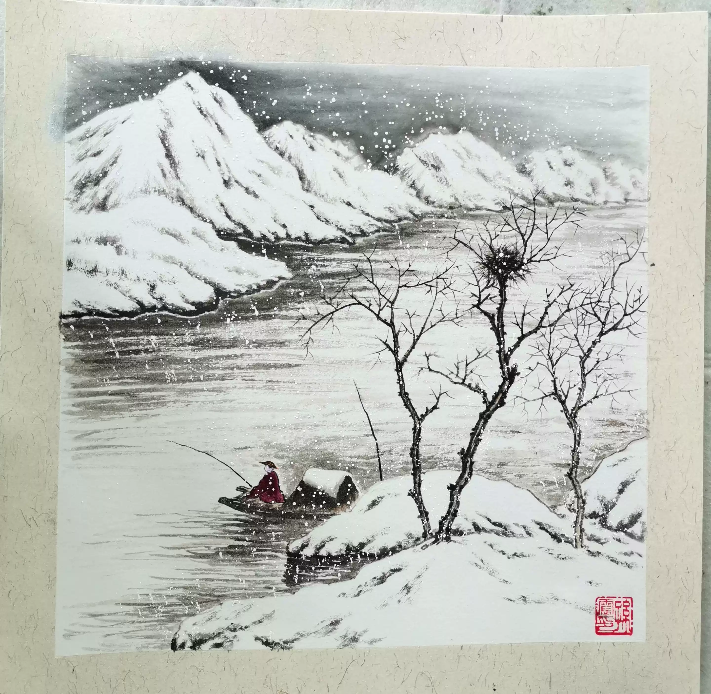 百分百手绘国画《独钓寒江雪》，横幅，画芯：100*50厘米，未裱。