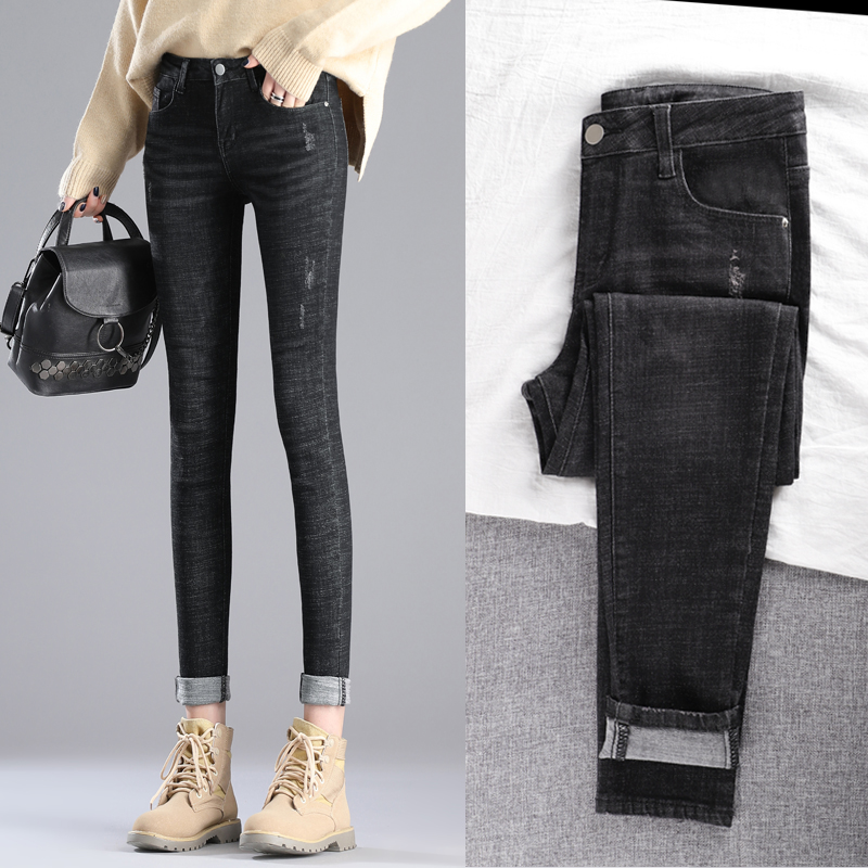 Dark Jeans Woman High Waist Display Slim Fit 2021 100 Hitch Pants Plus Suede Small Feet Black Pants Children
