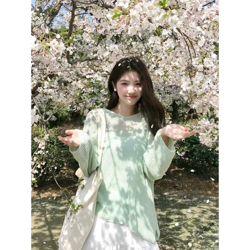 Gentle Korean-Style Mint Green Hollow-Out Knit Sweater, Loose and Lazy Long-Sleeve Cover-Up, Spring Vibe Top, Lightweight