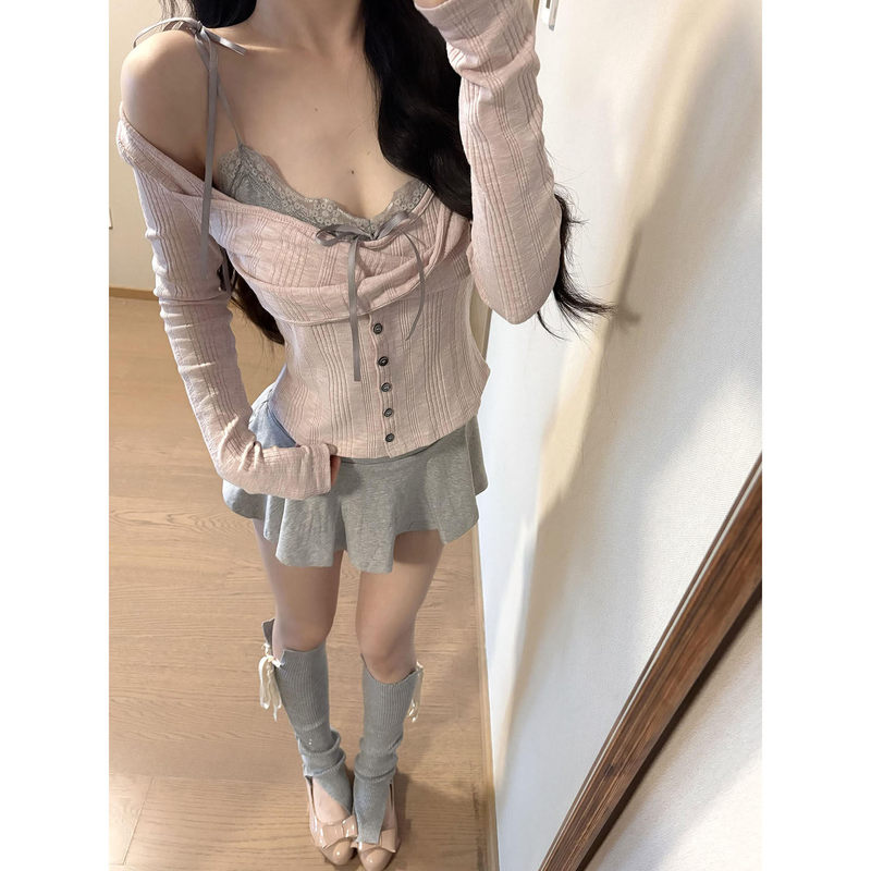 Korean Style Pure Pink Off-Shoulder Long-Sleeve T-Shirt for Women, Spring Slim-Fit Base Shirt, Lace Camisole Top Two-Piece Set