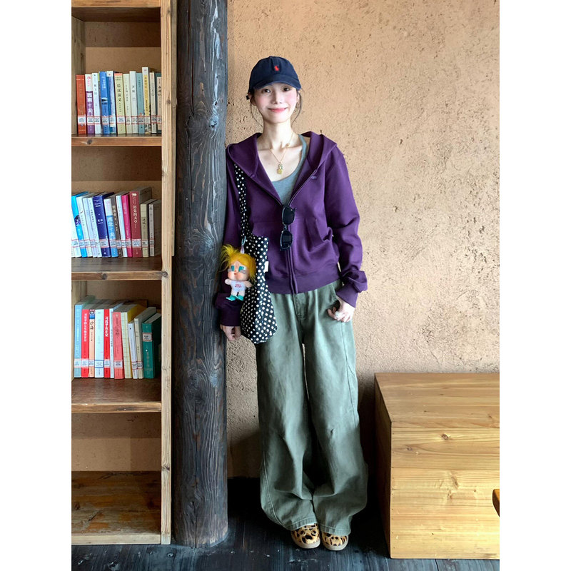 Korean-Style Purple Short Hooded Sweatshirt Jacket Early Autumn Women's Clothing 2026 New Loose Casual Sports Cardigan Top