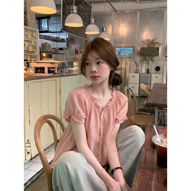 Korean Dopamine Grapefruit Pink Lace Puff Sleeve Babydoll Shirt Summer Girly Style Loose Short-Sleeved Shirt Top Korean Dopamine Grapefruit Pink Lace Puff Sleeve Babydoll Shirt Summer Girly Style Loose Short-Sleeved Shirt Top