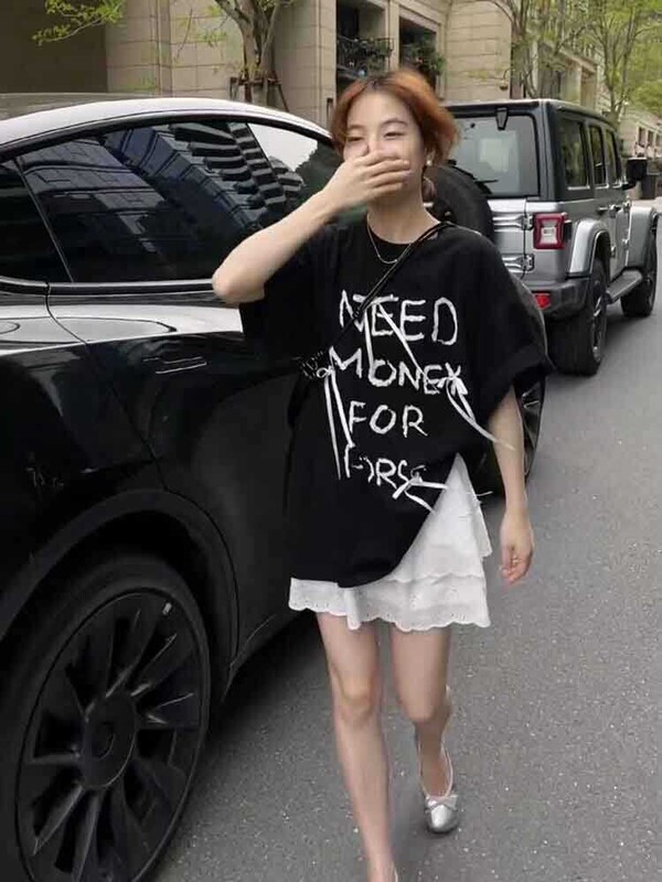 Summer Korean Style Loose Letter Print Bow Round Neck Mid-Length Short-Sleeve T-Shirt for Women Versatile Design Trendy Top