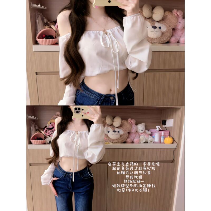 Purely Sensual Lace-Up Drawstring Shirt, Off-Shoulder Long-Sleeve T-Shirt for Women, Spring and Summer Hot Girl Crop Top, Thin Style