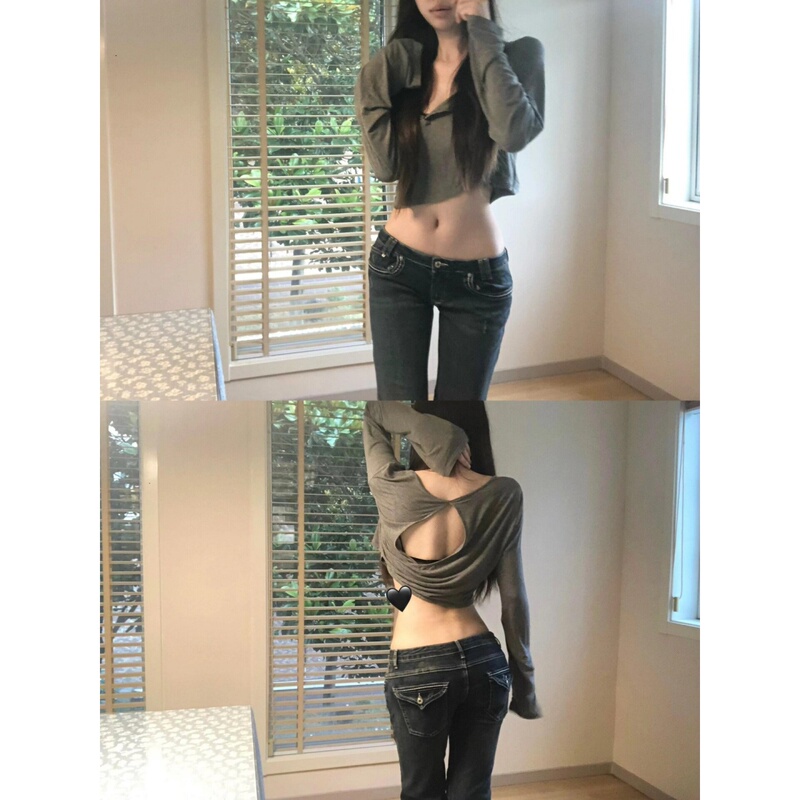 Gray Hollow-Out Henry Collar Long-Sleeve T-Shirt for Women, Summer Sexy Loose Pure Desire Crop Top