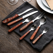 Japan made stainless steak knife and fork wooden handle high-end Western tableware teaspoon cake fork dessert spoon fruit fork