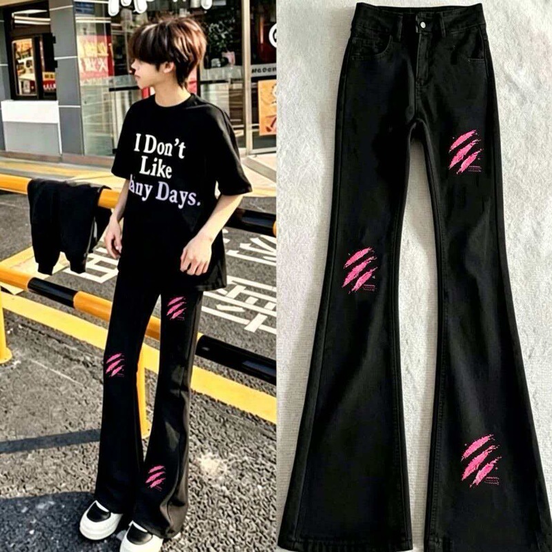 American-Style Light Luxury Cross-Pattern High Street Fashion Brand Printed Jeans for Men and Women, Summer Long Pants, New Trendy Flared Pants