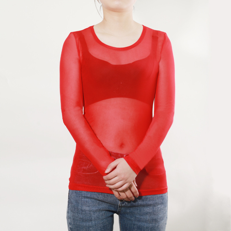 Single-Layer Mesh Base Shirt for Women, Summer Stretchy See-Through Ultra-Thin Sexy Long-Sleeve T-Shirt, Round Neck, 2021 New Trendy Style