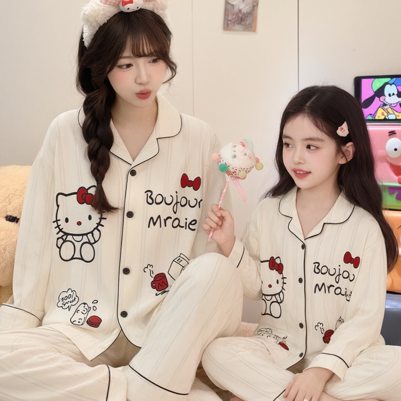 Cute Cat Family Pajamas Pure Cotton Long-Sleeved 2026 New Cardigan Girls' Home Clothes for Middle and Older Children Mother-Daughter Outfits Cute Cat Family Pajamas Pure Cotton Long-Sleeved 2026 New Cardigan Girls' Home Clothes for Middle and Older Children Mother-Daughter Outfits
