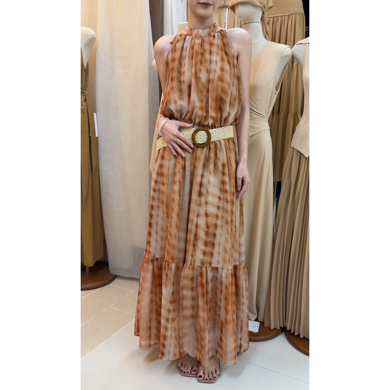 Resort-Style Large-Skirted Halter-Neck Pastoral Romantic Dress (with Belt)