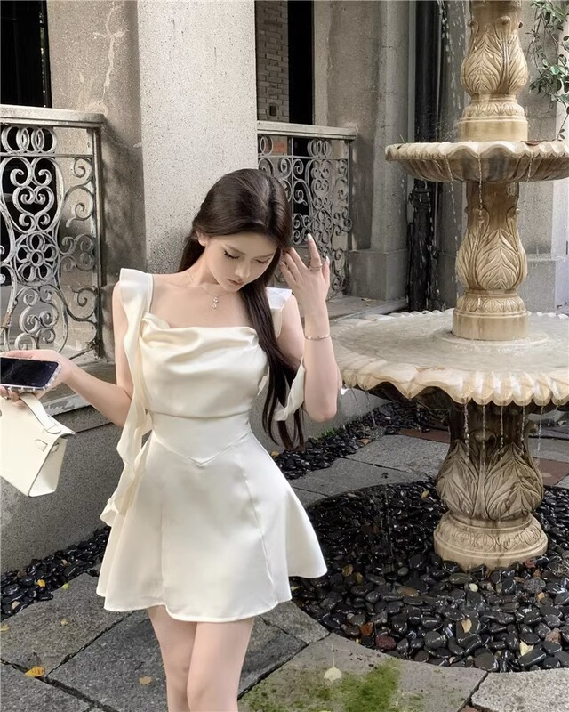 Hot Girl Short Skirt Square Neck Satin Waist-Cinching Dress Women's Summer Design French-Style Suspender Dress Fairy-Like Ribbon Dress