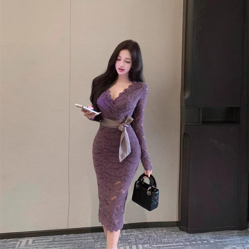 Purple V Neck Lace Dress for Women, Spring & Fall Long-Sleeved Tight-Fitting Mid-Length Hip-Hugging Skirt, Royal Sister Slit Strap Skirt