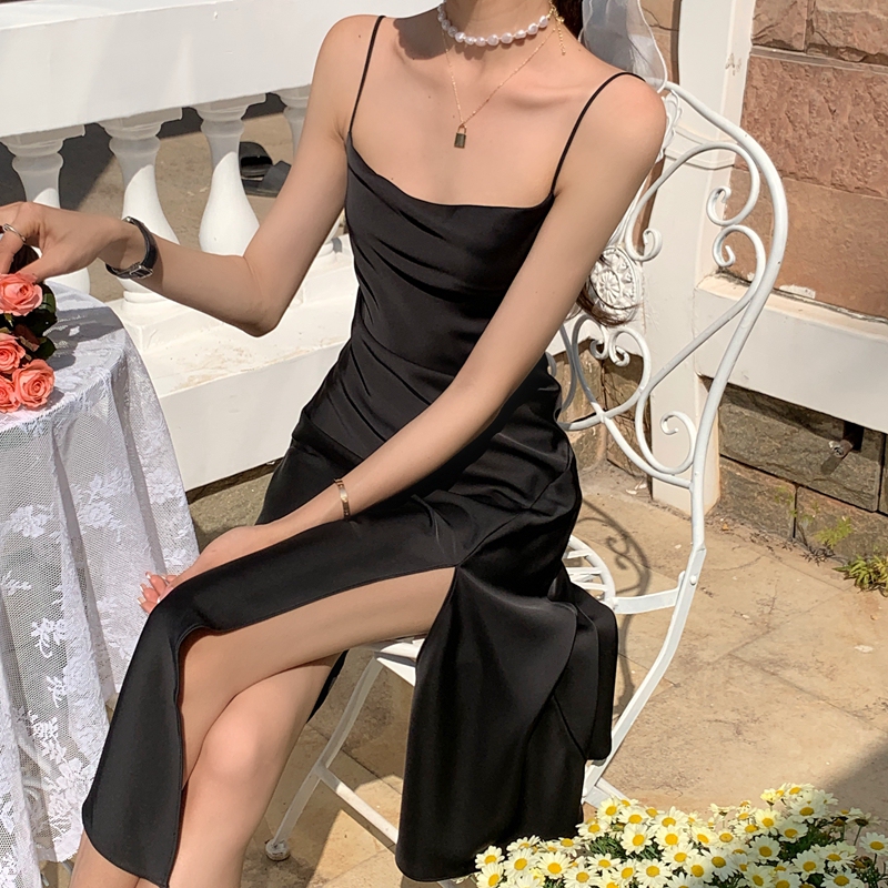 Satin Asymmetrical Slit Dress for Women, New Summer Style, Pure and Sensual Design, Mid-Length, Slim-Fitting Acetate Slip Dress
