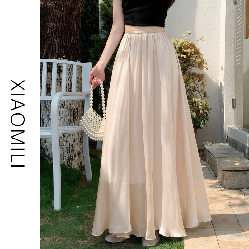 Beautiful Flowing Chiffon Ice Silk Skirt for Women, Summer Elegant Fairy Gauze Skirt, High-Waisted, Figure-Flattering A-Line Long Skirt