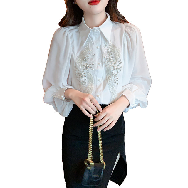 2023 spring new style court style embroidered forging shirt French high-end sense polo collar white chiffon shirt female