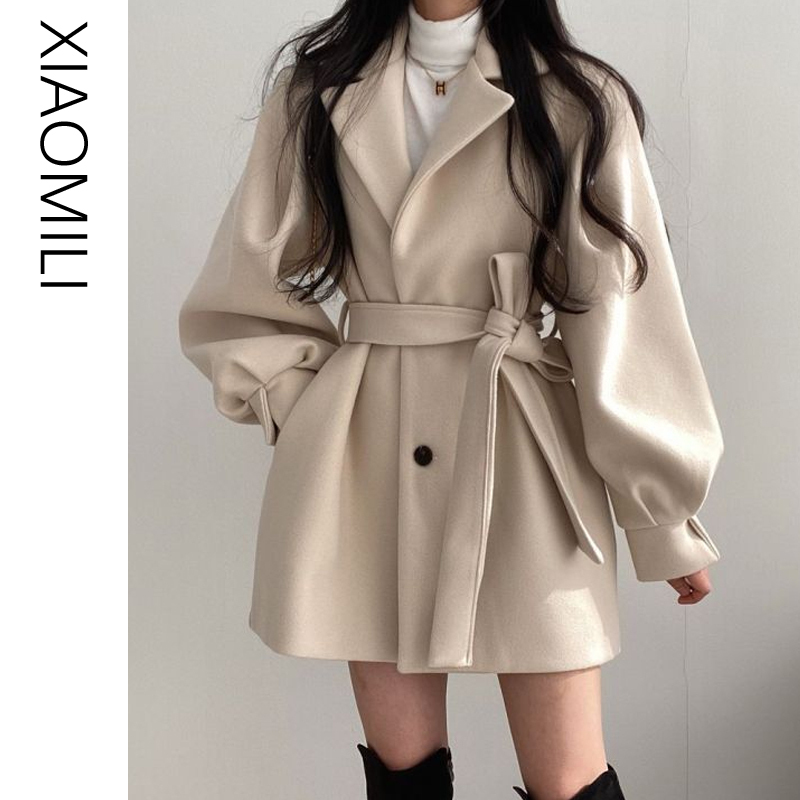 Off-White High-End Woolen Coat for Women, Autumn and Winter Lantern Long-Sleeve Thickened Jacket, Korean Style Dress, Waist-Cinching Short Skirt