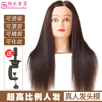 Hairdressing head model real hair practice head doll head hairdresser hair cut head model full true and false head model head can be rolled hot blow