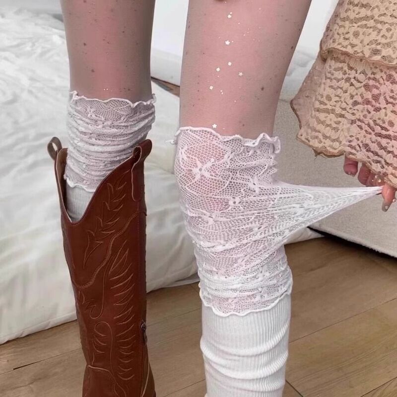 Milad White Lace Over-The-Knee Socks, Inner Socks Paired with Long Boots, Push-Up Socks, Boots Layered with Sock Covers for the Calves
