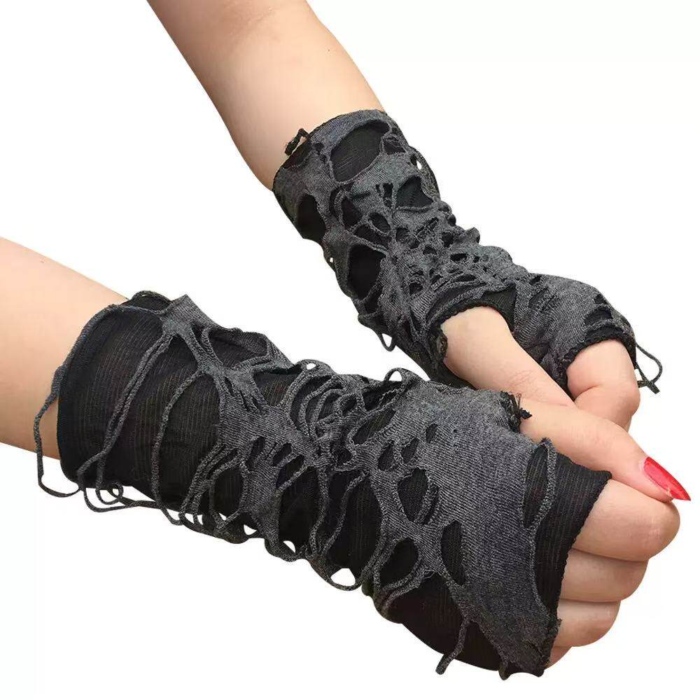 Wasteland-style distressed half-finger gloves, subculture punk gothic dark fingerless sleeves, Yabi Y2K sleeves