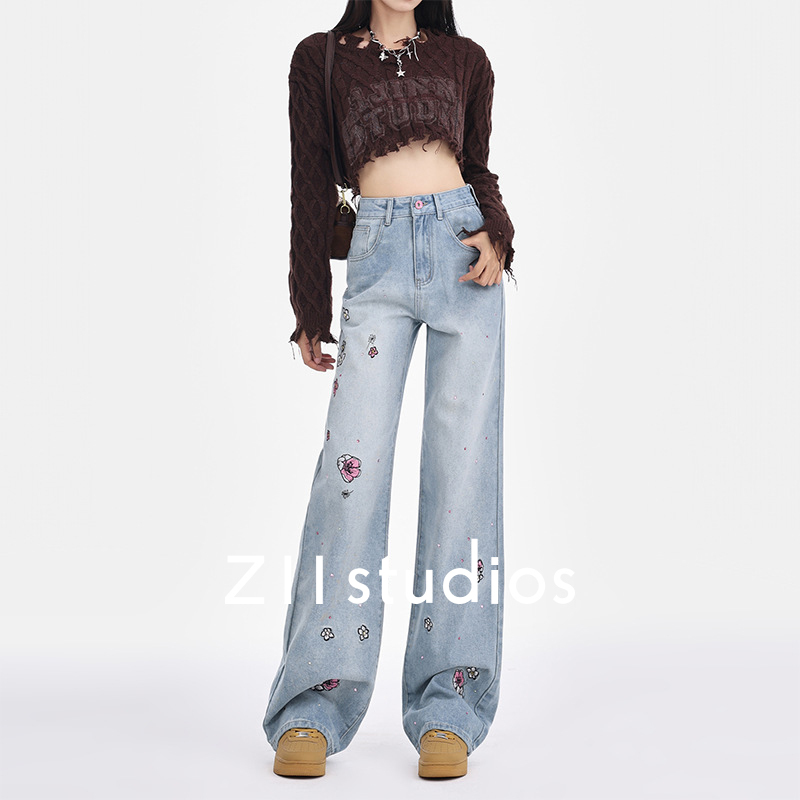 Z11 Light Blue Wide-Leg Jeans for Women, Summer New High-Waisted Embroidered Retro Versatile Straight-Leg Pants